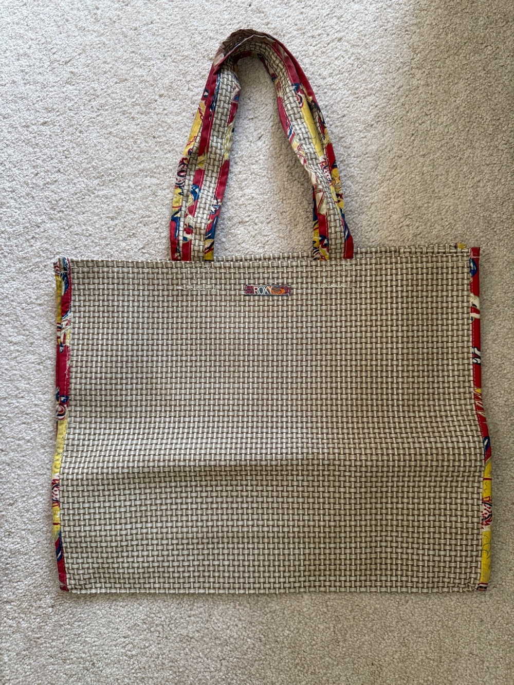 Roxy Neutral Woven Tote with Red and Yellow Trim